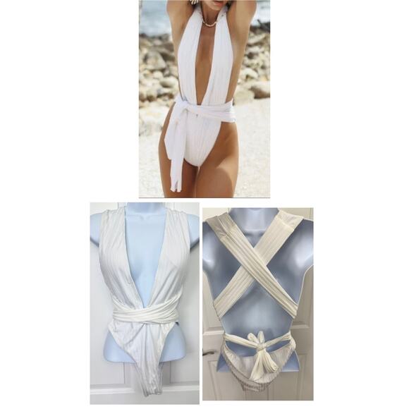 Shein New white medium one piece sexy criss cross back tie waistime v cut front - Picture 2 of 4